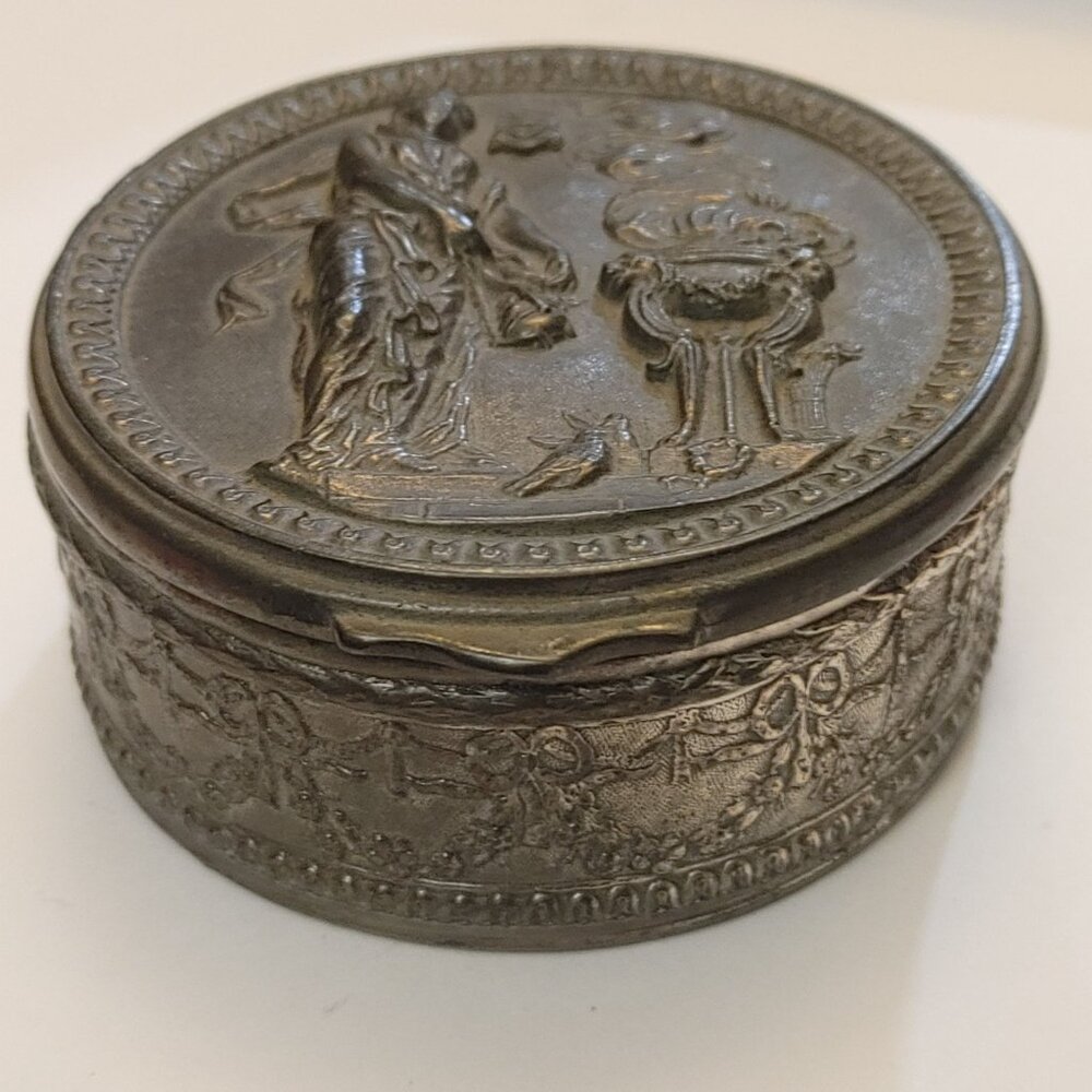 Vintage Jennings Brothers Art Metal Decorative Box Mythological Scene 3.5 Inches